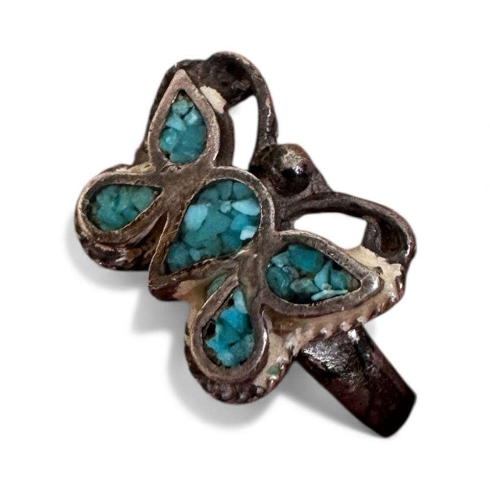 Vintage Native American Silver Turquoise Inlay Butterly Ring Womens 7.5 Estate
